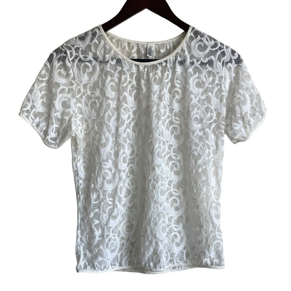 Natori Women Romantic Lace Top M Ivory Sheer Floral Overlay Bridal Parisian Chic
